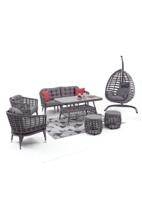 Linda Rattan Bahçe Balkon Oturma Grubu (3 1 1 MASA 2 PUF) Salıncak